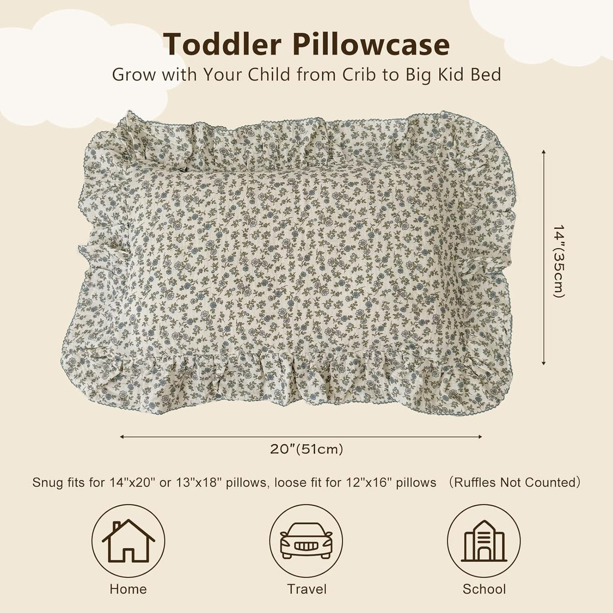 BuLuTu 2 Layers Muslin Cotton Toddler Pillowcase, 1 pc, 14"x20", Shabby Chic Blue Floral Print