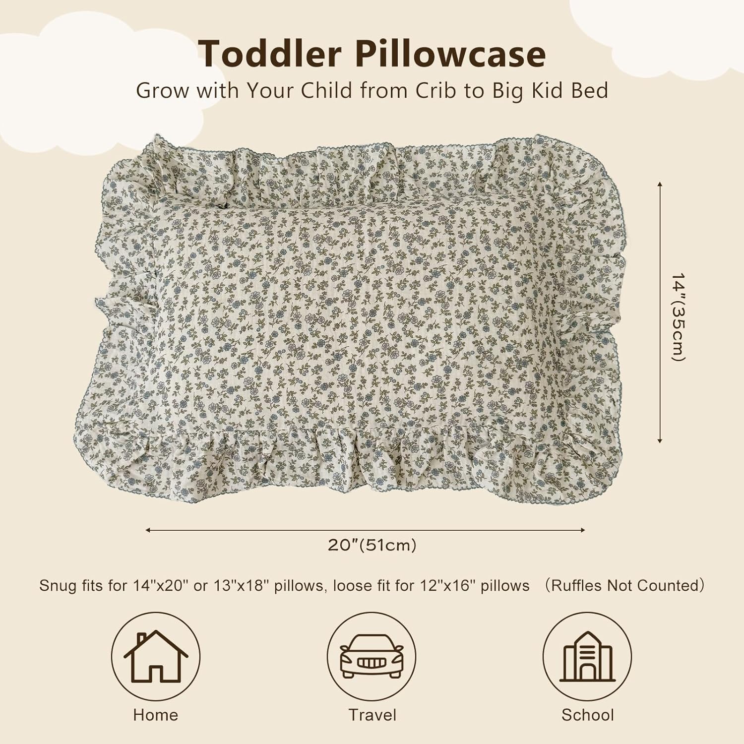 BuLuTu 2 Layers Muslin Cotton Toddler Pillowcase, 1 pc, 14"x20", Shabby Chic Blue Floral Print