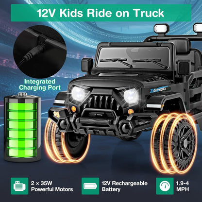 Costzon 12V Kids Ride on Truck Car, Electric Vehicle w/Remote Control, Threaded Wheels, 3 Speeds