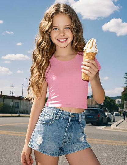 Auranso Girls Crop Tops Summer Short Sleeve Round Neck T Shirts Basic Tee for Kids