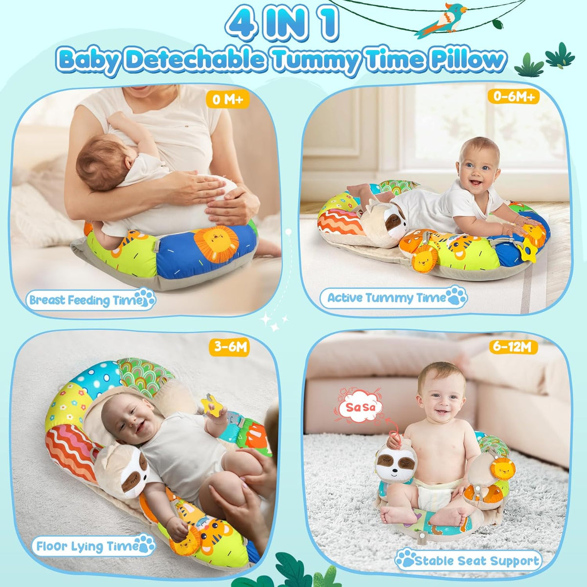 URMYWO Tummy Time Mat - 4 in 1 Cozy Tummy Time & Seated Support Pillow, Tummy Time Pillow for