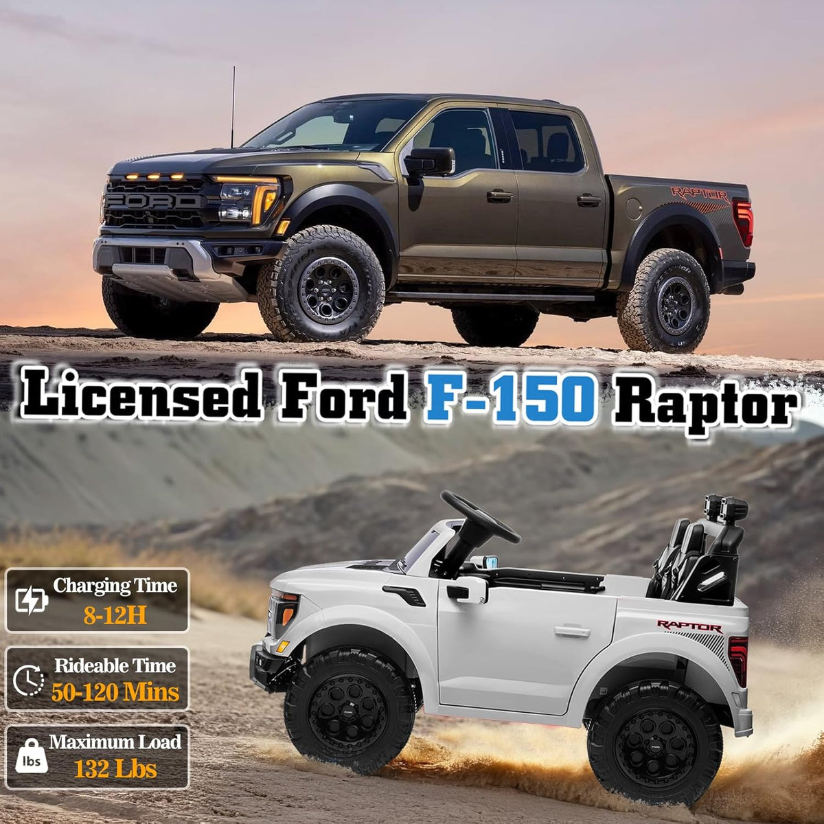 24V Ride on Car Licensed Ford F-150 Raptor, Kids Electric Car with Remote Control, LED