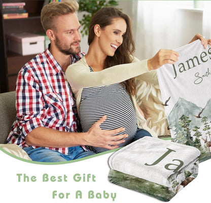 Personalized Woodland Baby Blanket with Name Custom Name Blanket for Boy Newborn Expect Mom