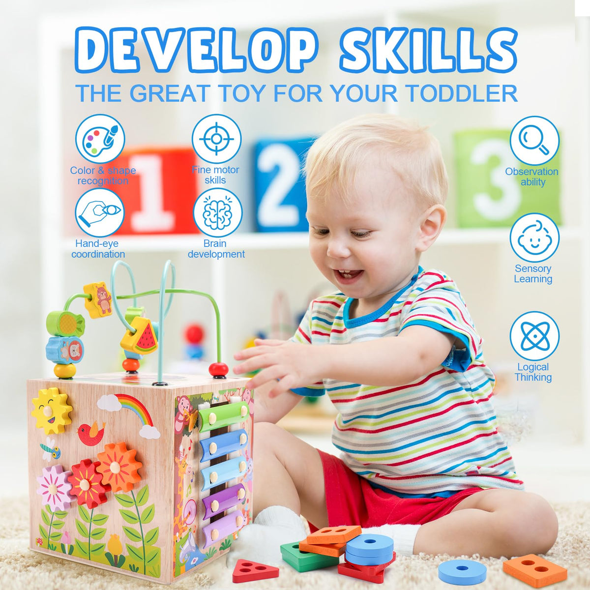 Wooden Activity Cube | Montessori Toys for 1 2 3 Year Old Toddler Gifts