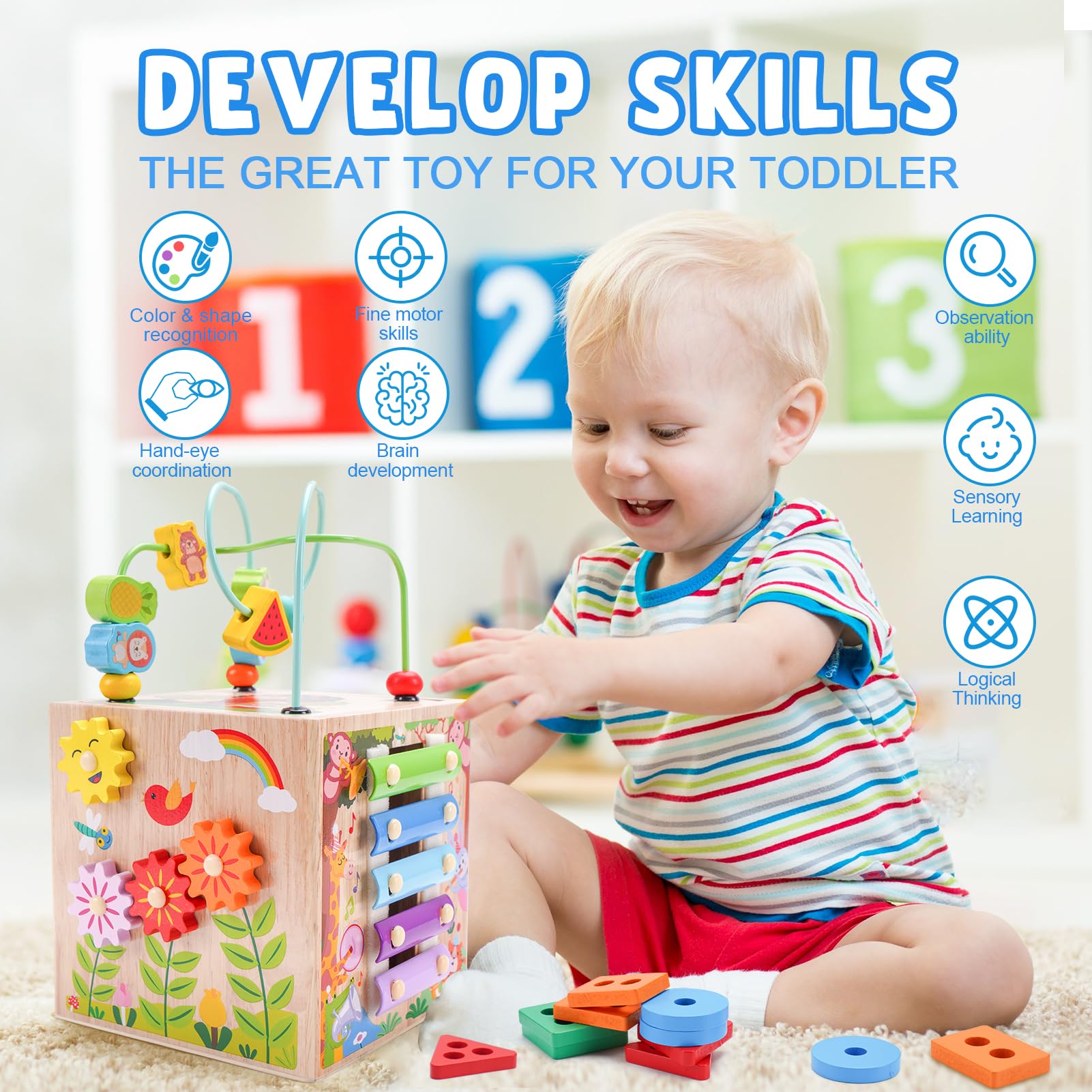 Wooden Activity Cube | Montessori Toys for 1 2 3 Year Old Toddler Gifts