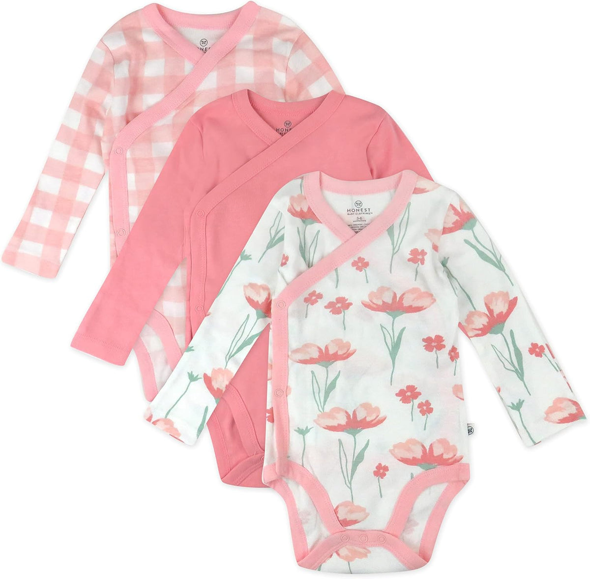 HonestBaby unisex-baby 3-pack Long Sleeve Side-snap Kimono Bodysuits Organic Cotton for Infant Baby