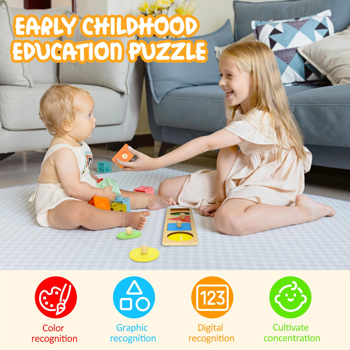 Montessori First Jumbo Knob Wooden Shape Puzzles for Toddlers,Montessori Multiple Peg Shapes Puzzle