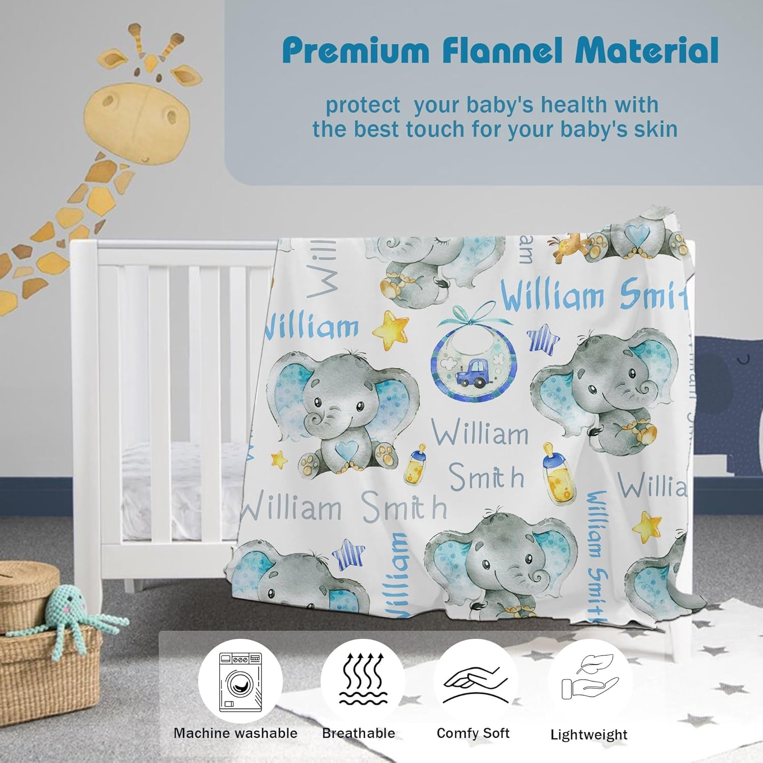 Personalized Elephant Baby Blanket for Boy Girl Custom Name Blanket for Baby Shower Customized