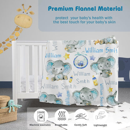 Personalized Elephant Baby Blanket for Boy Girl Custom Name Blanket for Baby Shower Customized