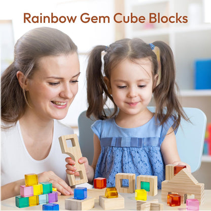 Wooden Rainbow Building Blocks Set for Kids, 22 PCS Wooden Blocks & 25 PCS Gem Cubes Stacking
