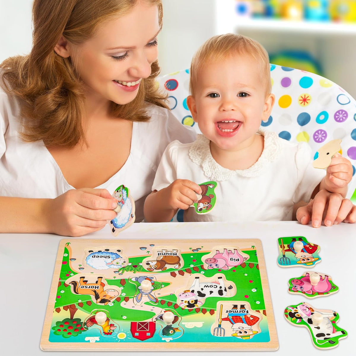 SYNARRY Wooden Puzzles for Toddlers 1-3, 6XSET Animals Puzzles for Toddlers 2-4 with Rack, Toddler
