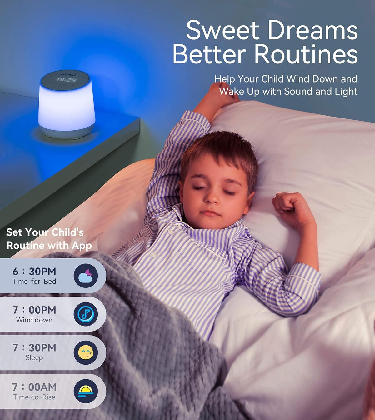 FamiSym White Noise Machine for Baby & Kids, Nursery Night Light & Alarm Clock, Dimmable Clock &