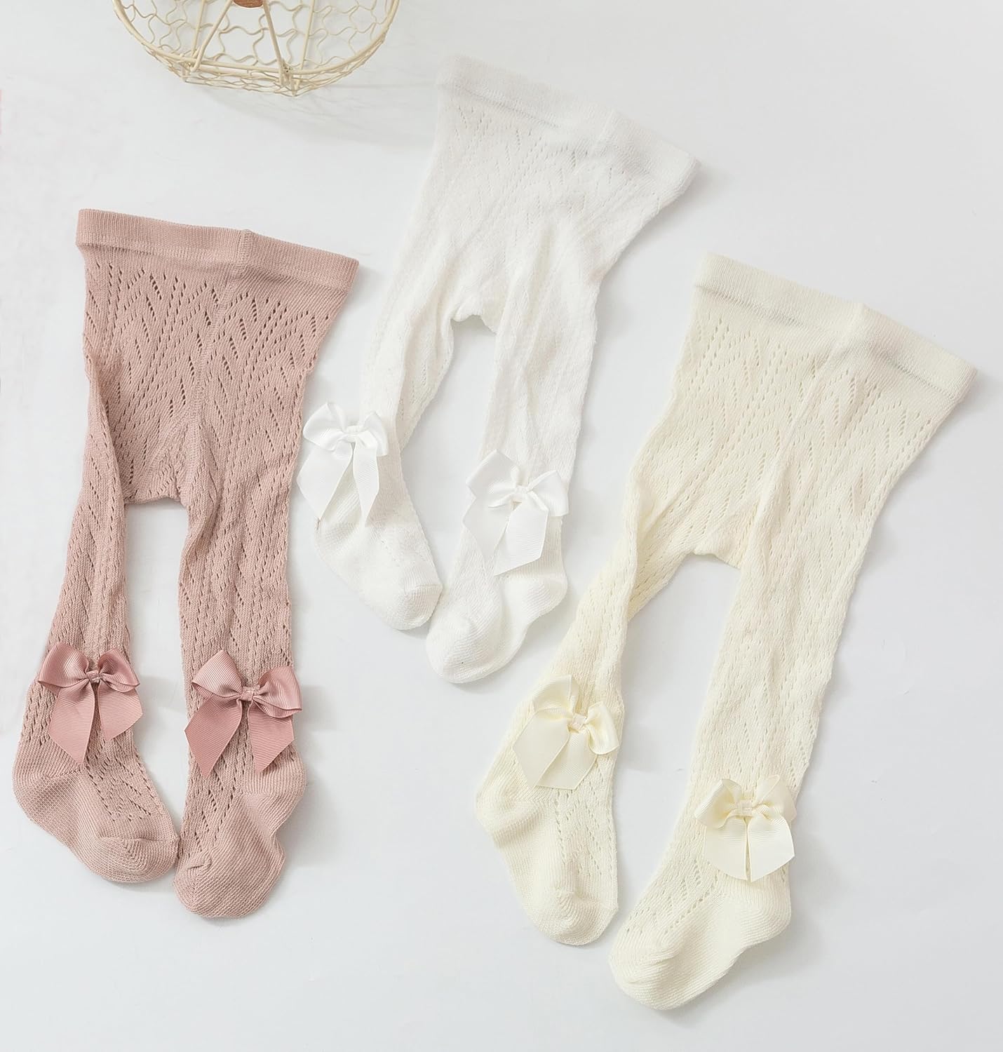 CHUNG Baby Girls Cotton Tights Thin Hollowed Summer with Bowknot Mesh Lace Fashion Toddler Footed