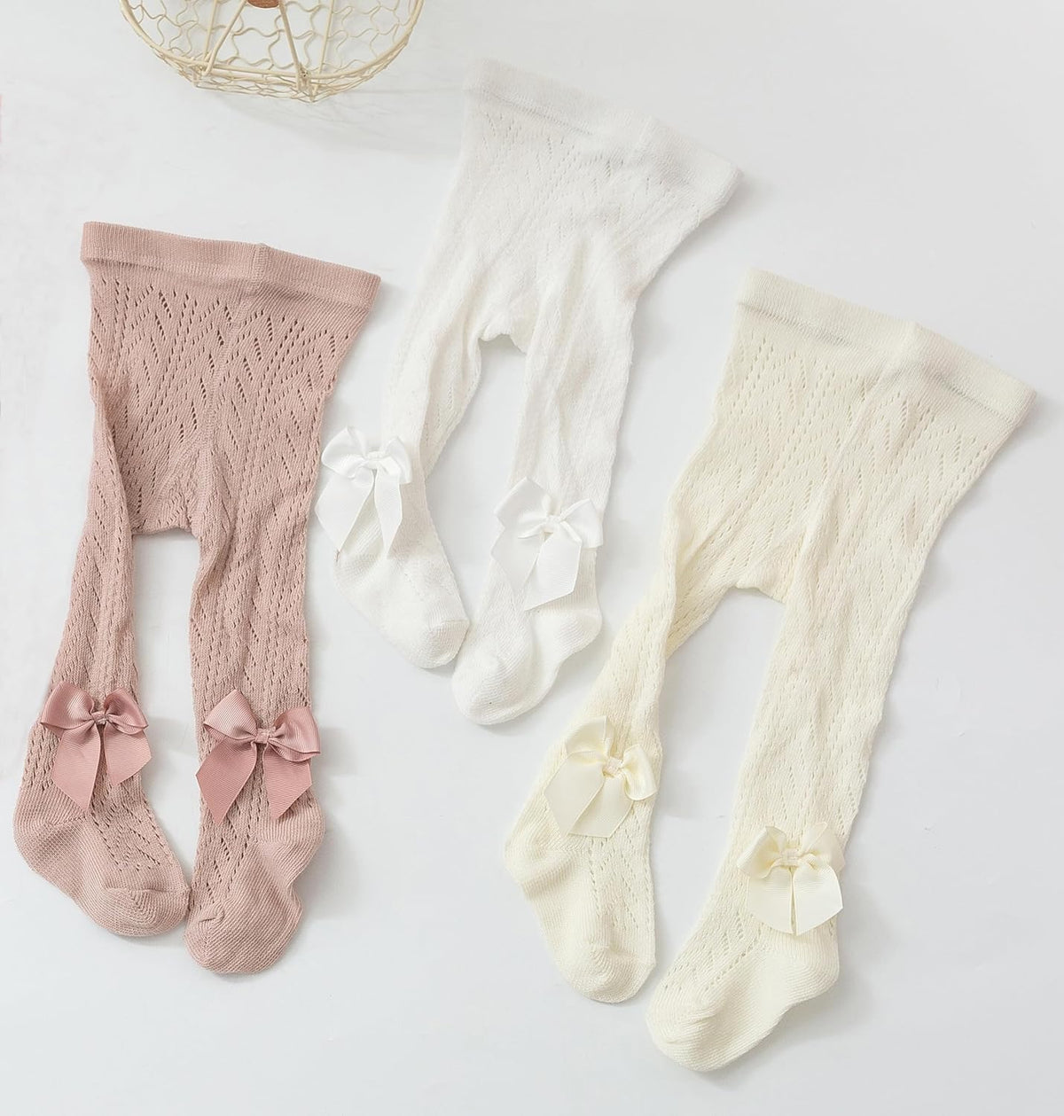 CHUNG Baby Girls Cotton Tights Thin Hollowed Summer with Bowknot Mesh Lace Fashion Toddler Footed