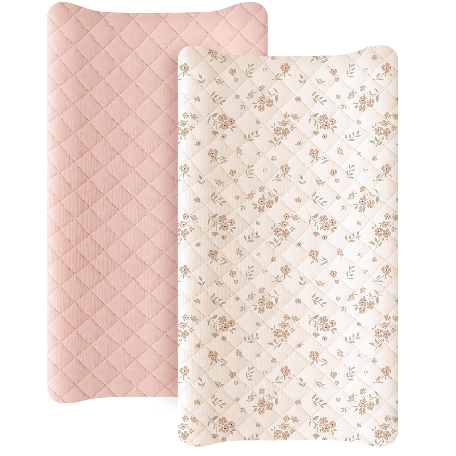 Konssy Waterproof Muslin Changing Pad Cover 2 Pack, Quilted Cotton Fitted Diaper Chang Table Cover