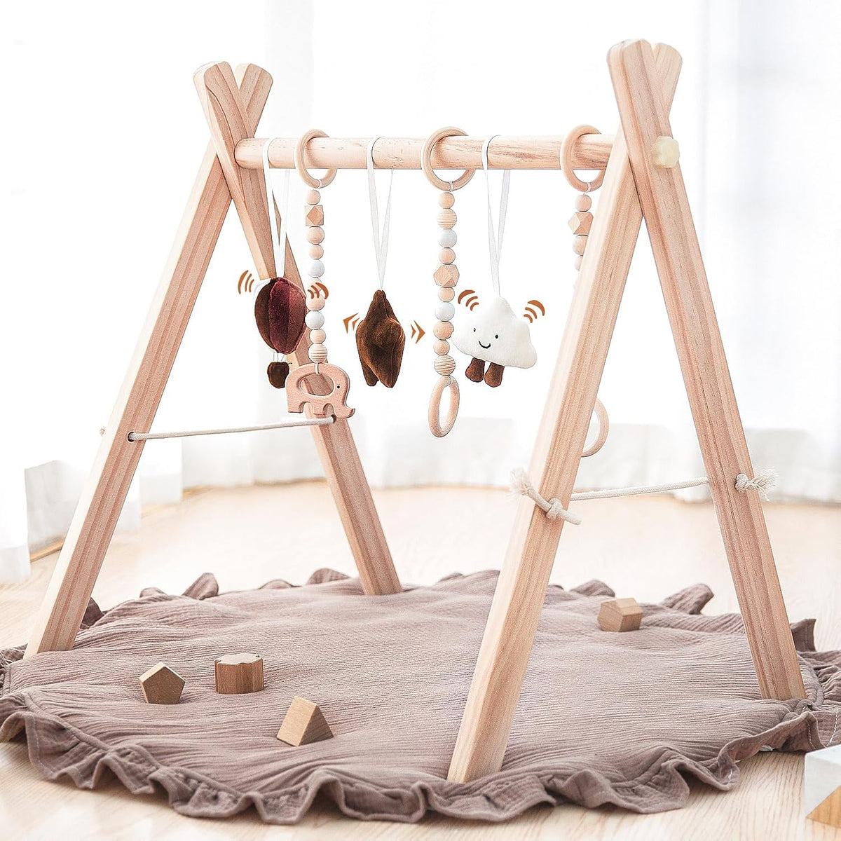 Razee Wooden Baby Play Gym Play Mat, Foldable Baby Gym with 6 Hanging Sensory Toys for Newborn