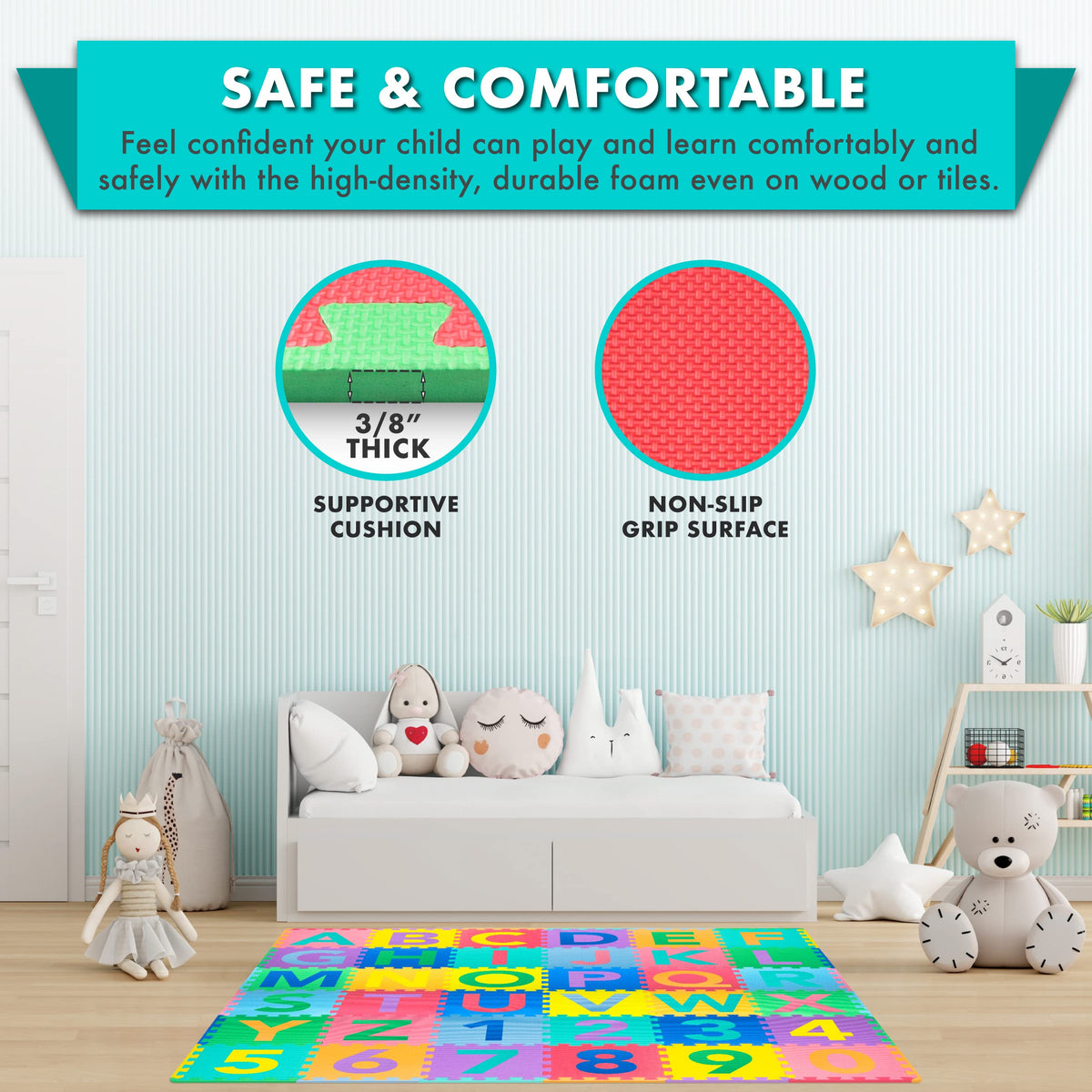 ProSource Kids Puzzle Alphabet, Numbers, 36 Tiles and Edges Play Mat, 12" by 12", Abc & 123