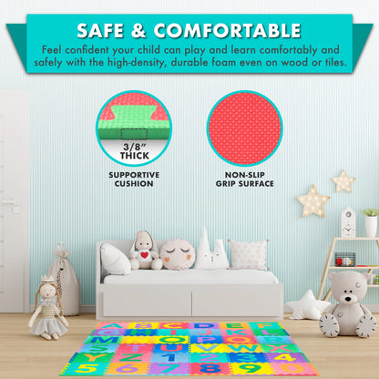 ProSource Kids Puzzle Alphabet, Numbers, 36 Tiles and Edges Play Mat, 12" by 12", Abc & 123
