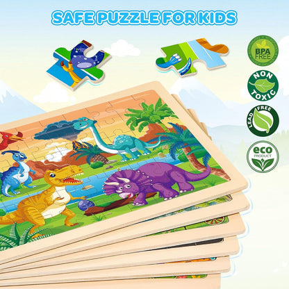 LACCHOUFEE 6 Pack Wooden Vehicle Puzzles for Kids Age 3 4 5 Year Old, 60 Pcs Montessori Toddler