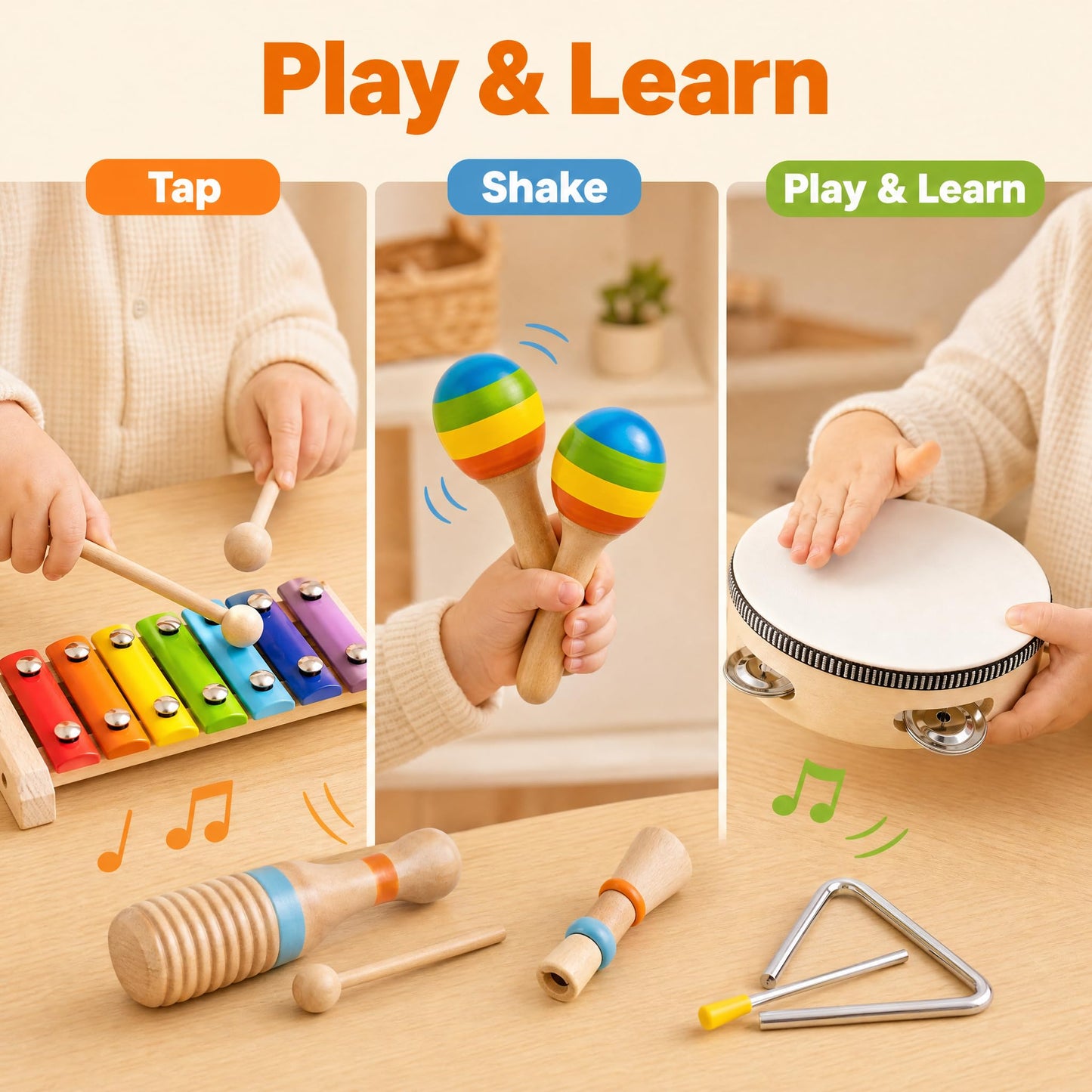 Montessori Wooden Musical Instruments for Toddlers, Educational Baby Drum Set with Xylophone &