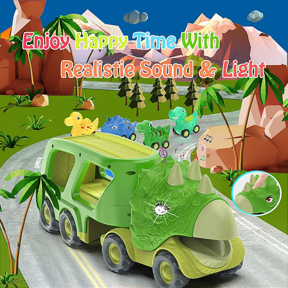 Veslier Dinosaur Car Toy for 3 4 5 Years Old Boys, Friction Power Carrier Truck with 4 Pack Small