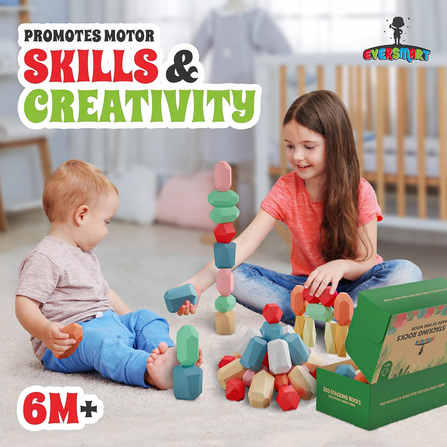 36 Pcs Wooden Stacking Blocks – Montessori Toys for 1 2 3 4 5 6 Year Old Toddlers and Kids, XL