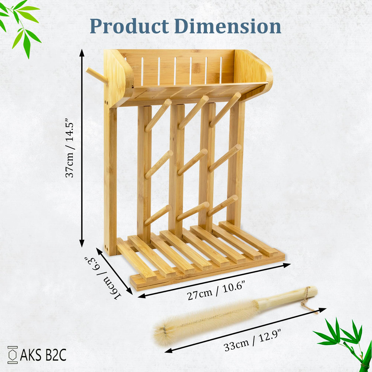 AKS B2C Bamboo Baby Bottle Drying Rack, Vertical Space Saving Kitchen Organizer, 9 Bottle Capacity