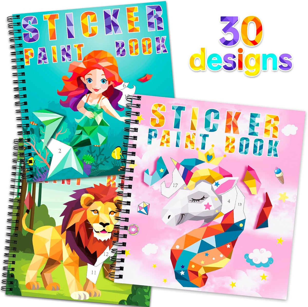 homicozy 3PCS Sticker Paint Books for Kids Ages 4-10,Unicorn Mermaid Animals Designs Paint by