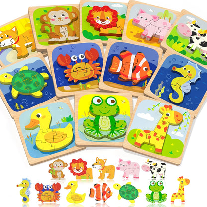 Benresive Wooden Toddler Puzzles, 12pcs Animal Montessori Toys for 1-3 Year Old Boys & Girls