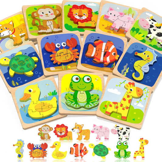 Benresive Wooden Toddler Puzzles, 12pcs Animal Montessori Toys for 1-3 Year Old Boys & Girls