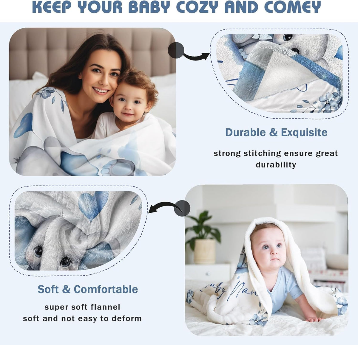 Personalized Baby Blanket for Boy Girl Newborn Custom Elephant Blanket with Name Customized Gifts