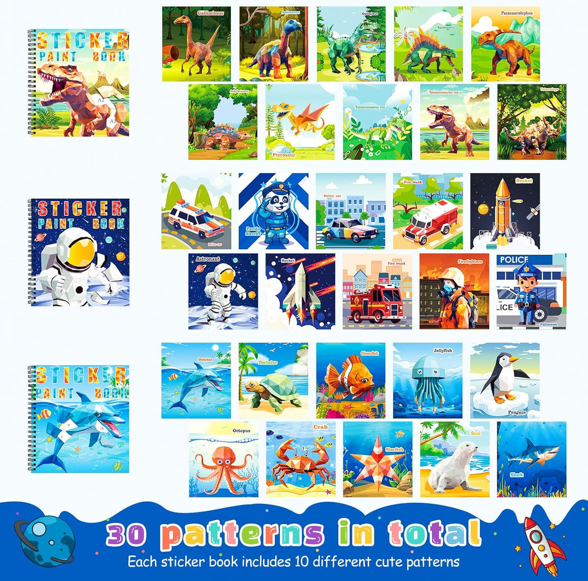 homicozy 4PCS Sticker Paint Books for Kids Ages 4-10,Dinosaur Astronaut Ocean Animals Designs Paint