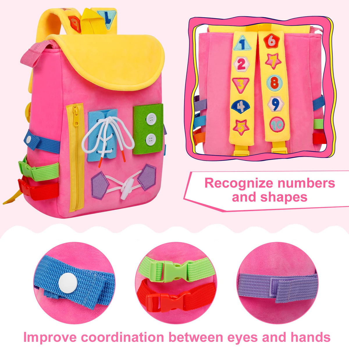 Busy Board - Toddler Backpack with Buckles and Learning Activity Toys - Develop Fine Motor Skills