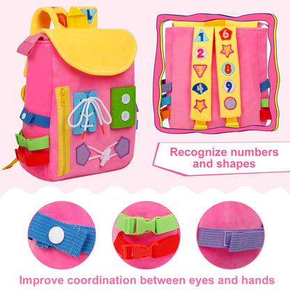 Busy Board - Toddler Backpack with Buckles and Learning Activity Toys - Develop Fine Motor Skills