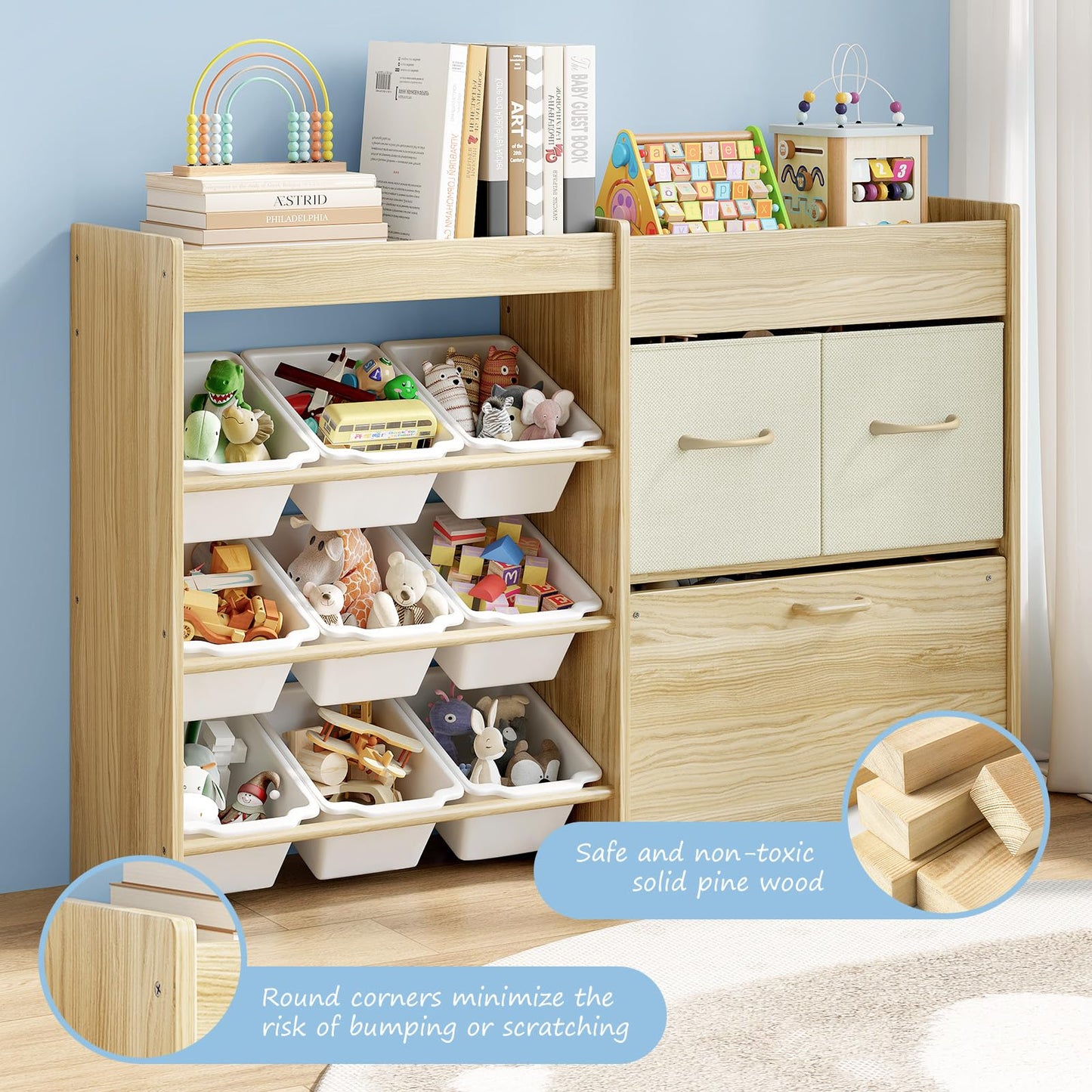 EXPERLAM Toy Storage Organizer for Kids, 9-Bin Toy Organizer with 2-Drawers, Movable Toy Chest and