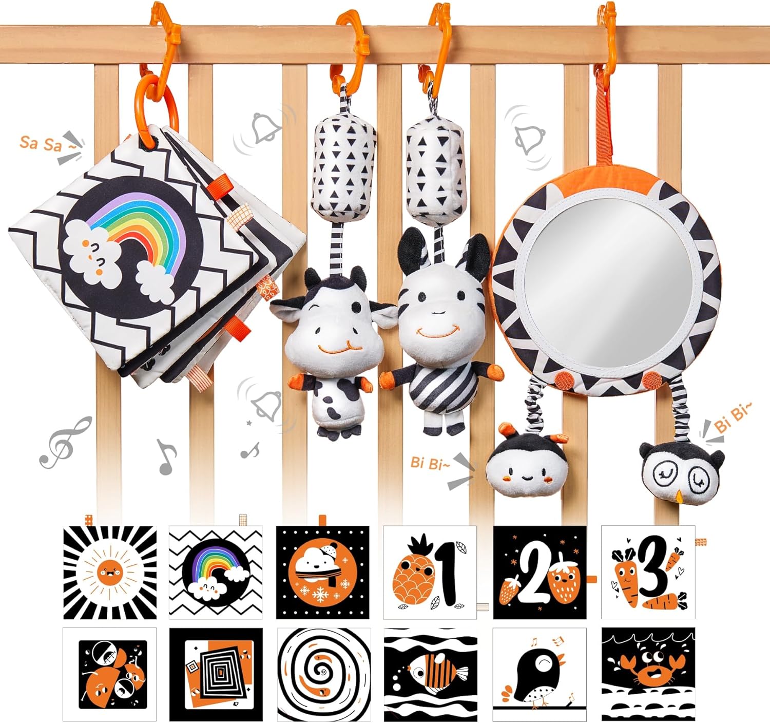 TUMAMA Black and White Baby Toys, High Contrast Tummy Time, Newborn Soft Books Mirror Rattles