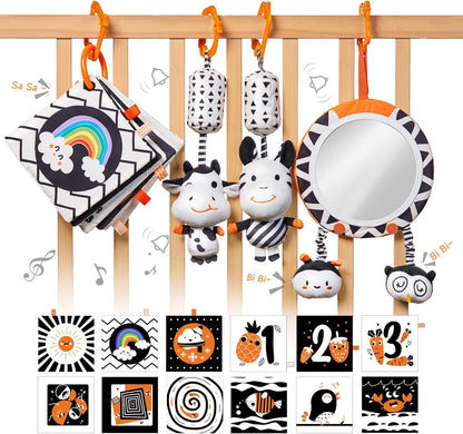 TUMAMA Black and White Baby Toys, High Contrast Tummy Time, Newborn Soft Books Mirror Rattles