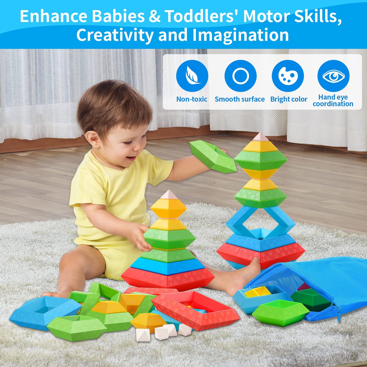 Hieoby Montessori Toys for Toddlers Boys Girls Preschool Learning Activities 30Pcs Building Blocks