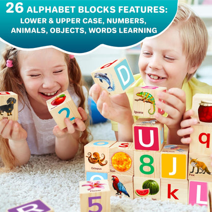 QUOKKA Montessori Wooden Blocks for Toddlers 1-3 - 35 Realistic ABC Learning Baby Blocks for Kids
