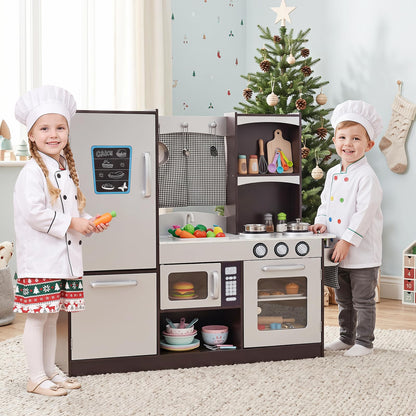 Costzon Kids Play Kitchen, Wooden Kids Kitchen Playset w/Realistic Sound, Microwave, Oven