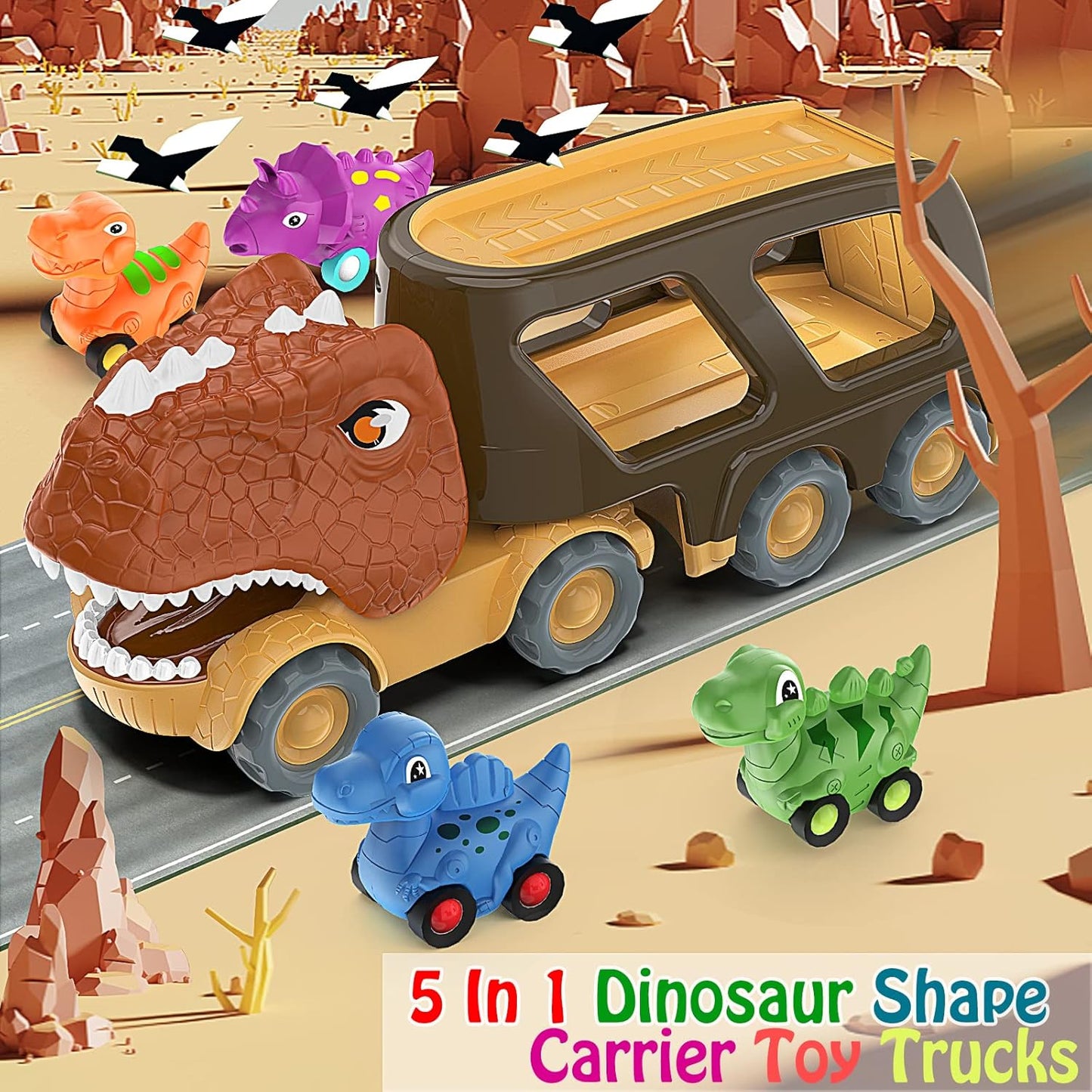 Veslier Dinosaur Car Toy for 2 3 4 5 Years Old Boys, Friction Power Carrier Truck with 4 Pack Small