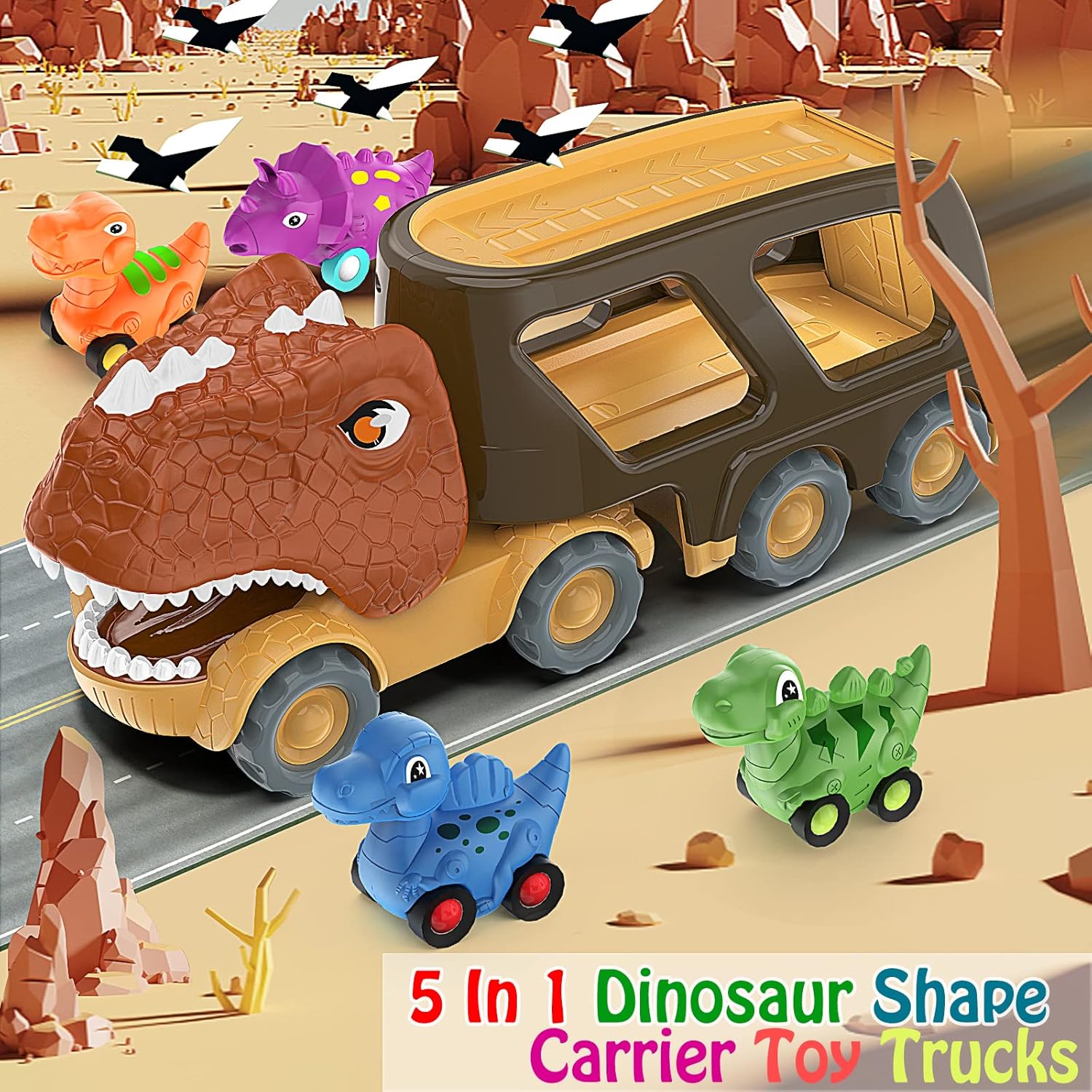 Veslier Dinosaur Car Toy for 2 3 4 5 Years Old Boys, Friction Power Carrier Truck with 4 Pack Small