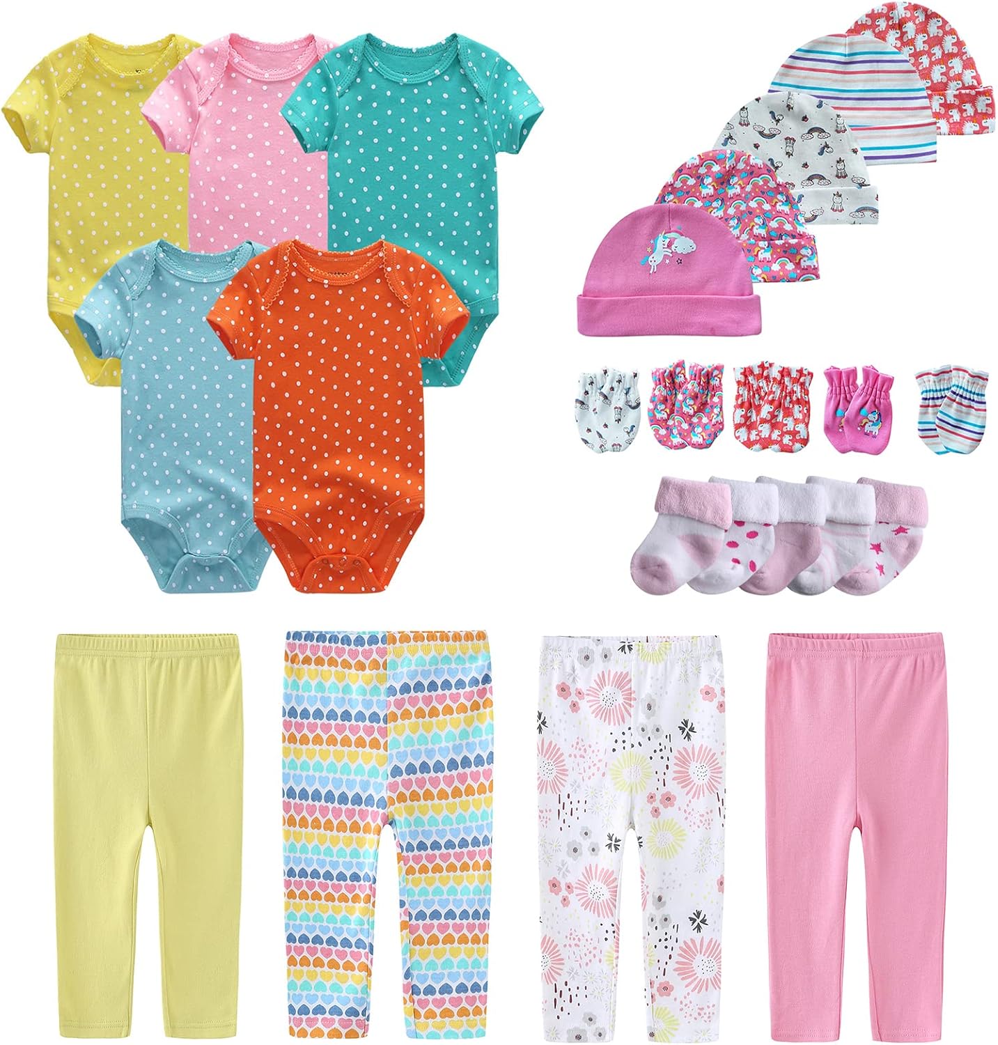 Newborn Layette Gift Set Bodysuits Pants for Baby Girl and Boy 24 Piece 100% Cotton Essentials and