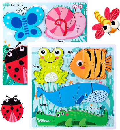 Wooden Creature Puzzles for Toddlers 2-4,Toddler Puzzle Ages 1-3, Montessori Educational Toys for 2