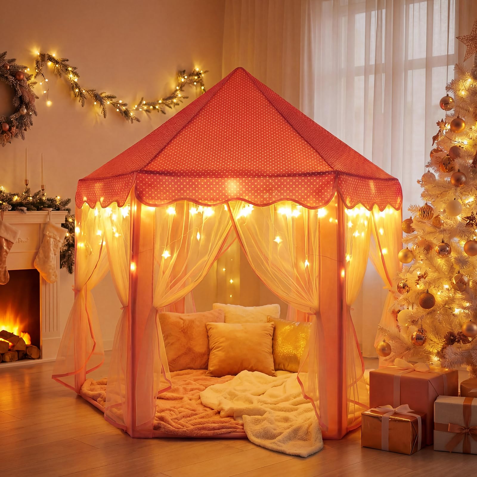 Sumbababy Princess Castle Tent for Girls Fairy Play Tents for Kids Hexagon Playhouse with Fairy