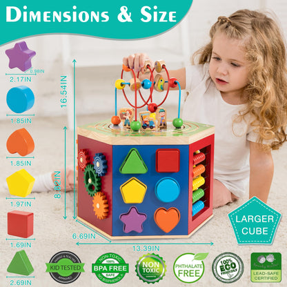 WOODMAM Large Activity Cube, Multipurpose Montessori Toy for 1-2 Year Old