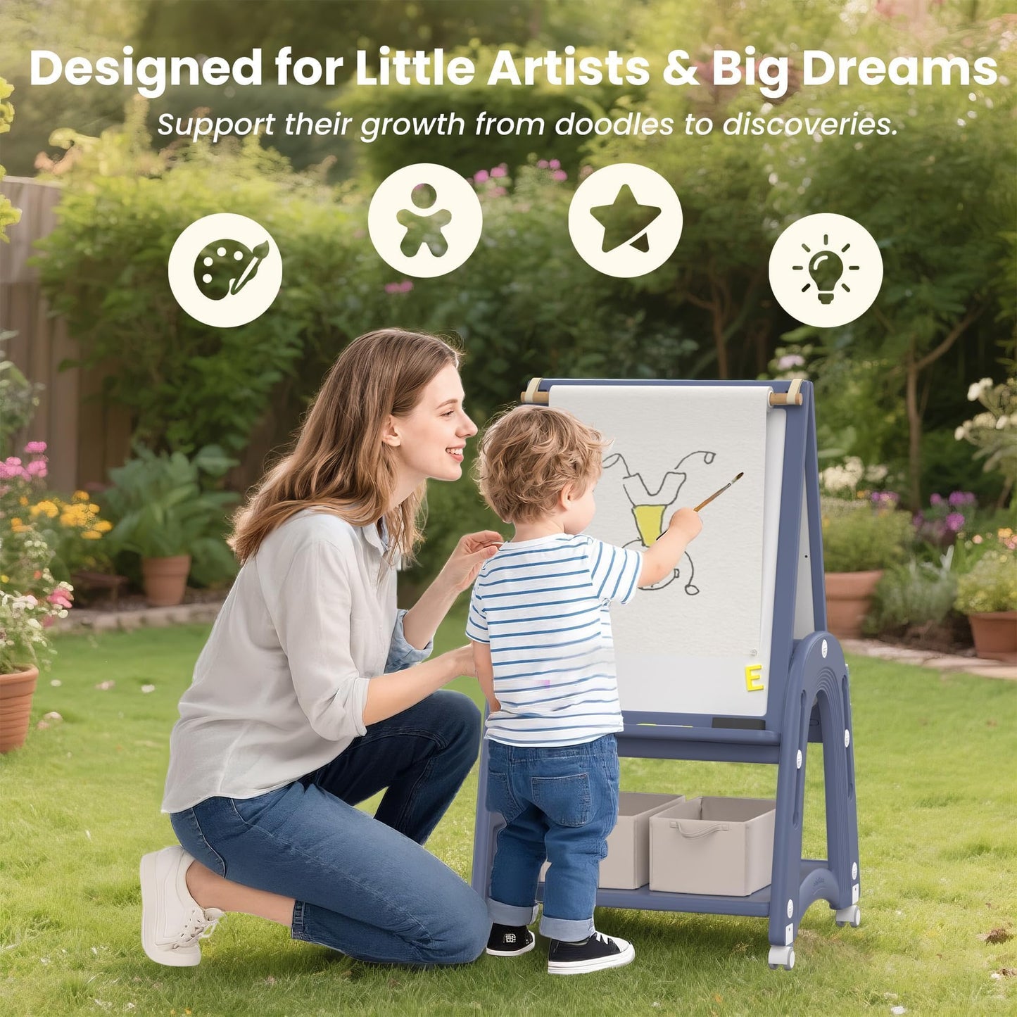 hoopyosms Art Easel for Kids 2-4 with Wheels, Whiteboard, Chalkboard & Paper Roll Adjustable Height