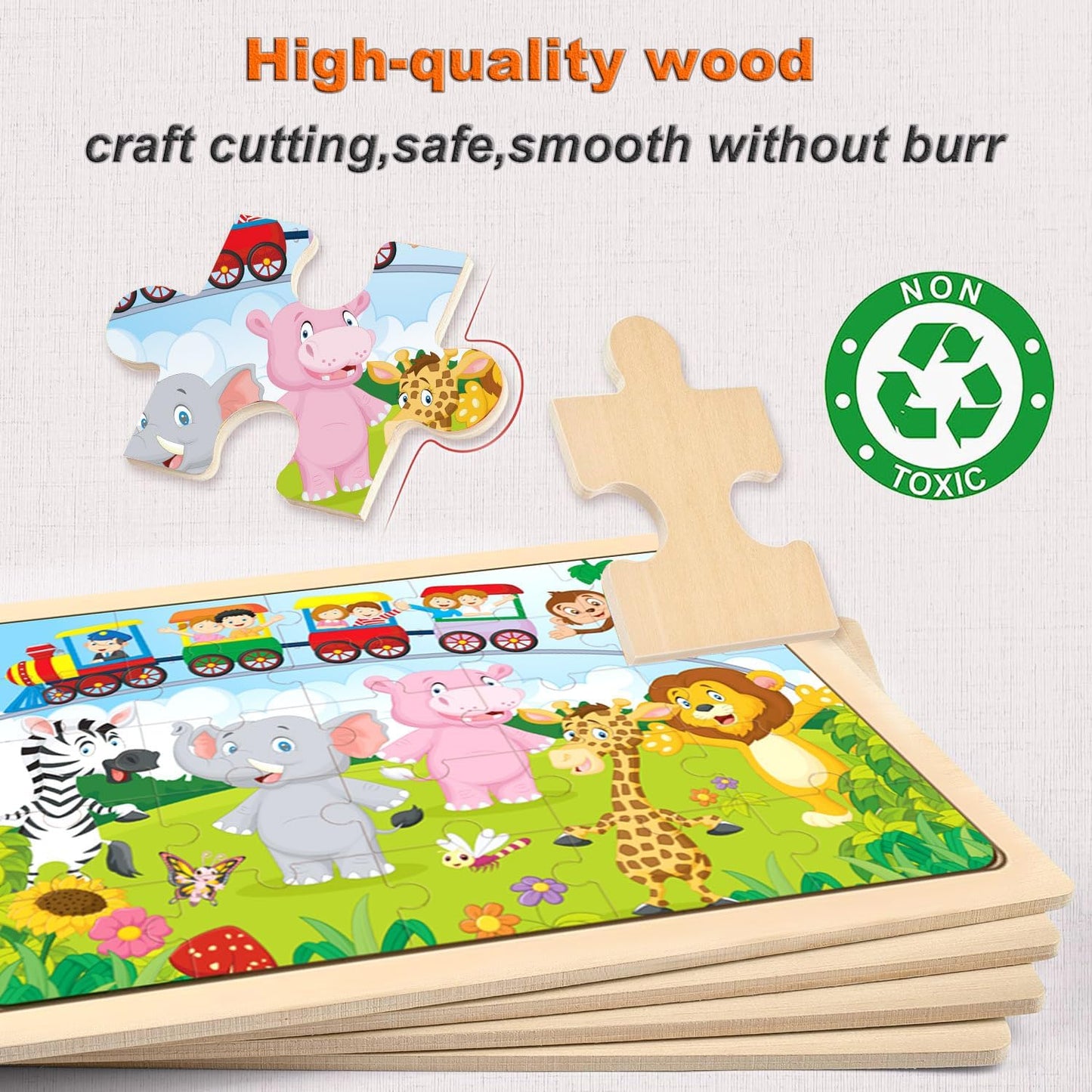Wooden Puzzles for Kids Ages 4-6, 4 PCs 24 Animals Cars Farm Dinosaur World Jigsaw Puzzles