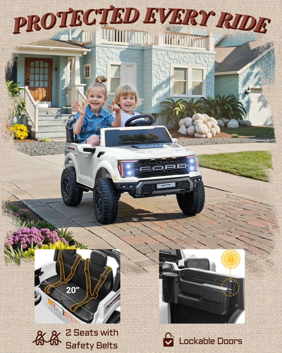 24V Kids Ride On Truck, Licensed Ford F-150 Raptor 2 Seater Electric Car w/Remote Control, Toddler