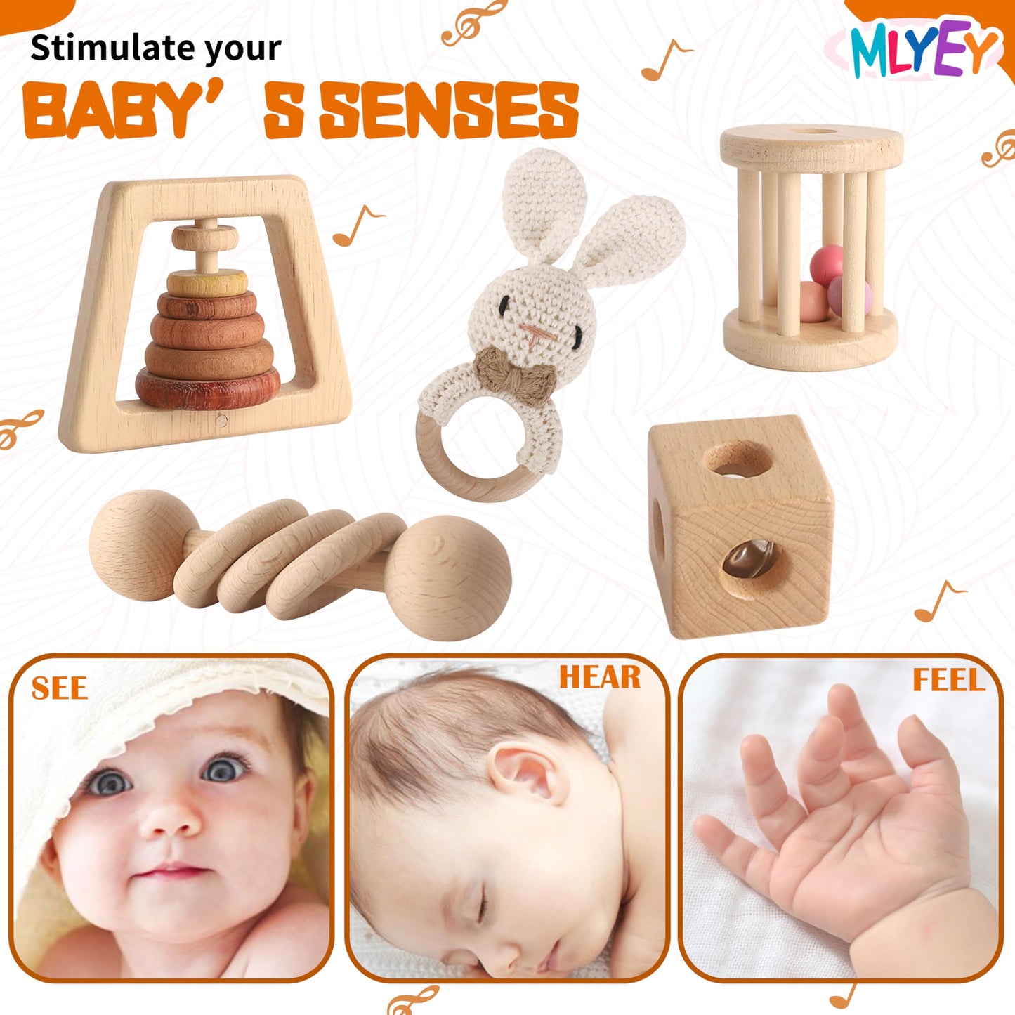 Wooden Toys for Babies, 7PCS Wooden Baby Rattle for 7-24 Months Boys Girls, Natural Wood Montessori